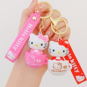 Hello Kitty Pink Red White Coffee Cup Keychain Gold-Tone Charm Wristlet 2 Pcs